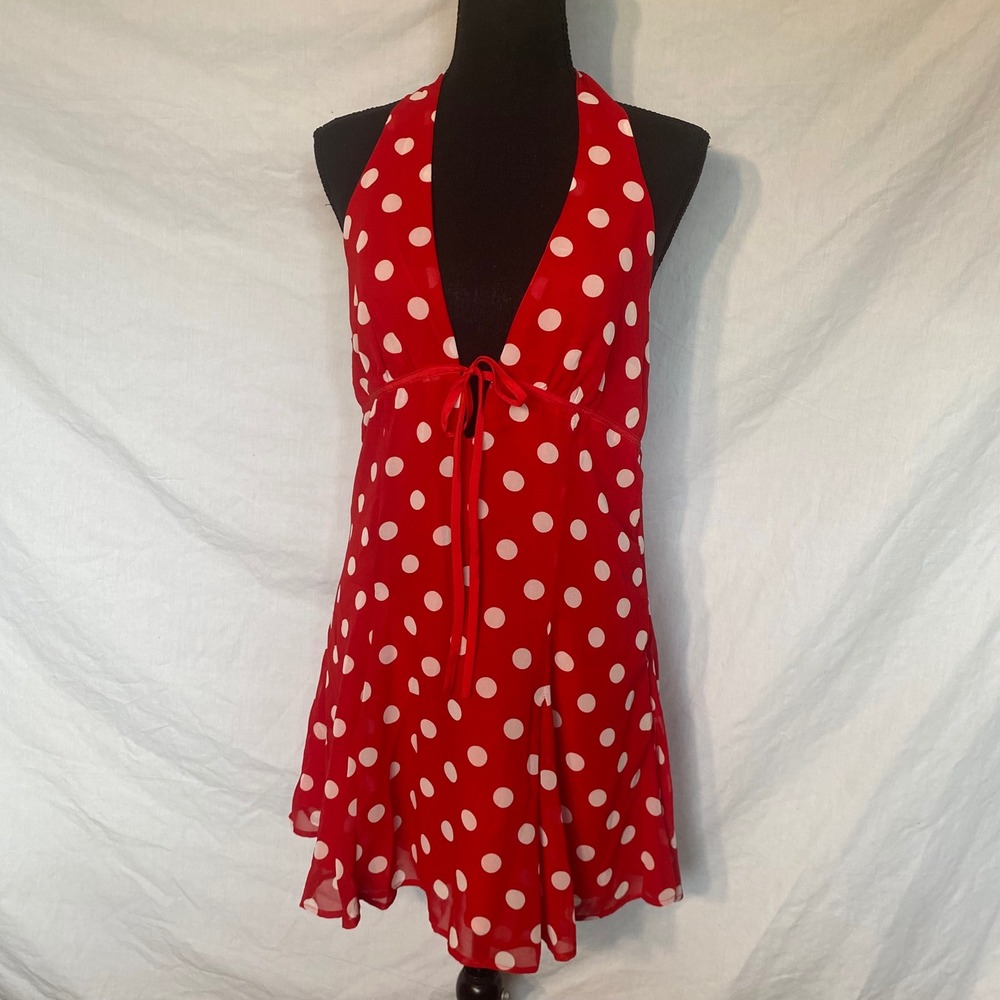 More to Come Red White Polka Dot Halter Mini Dress‎ Deep V-Neck RetroPinupSt yle